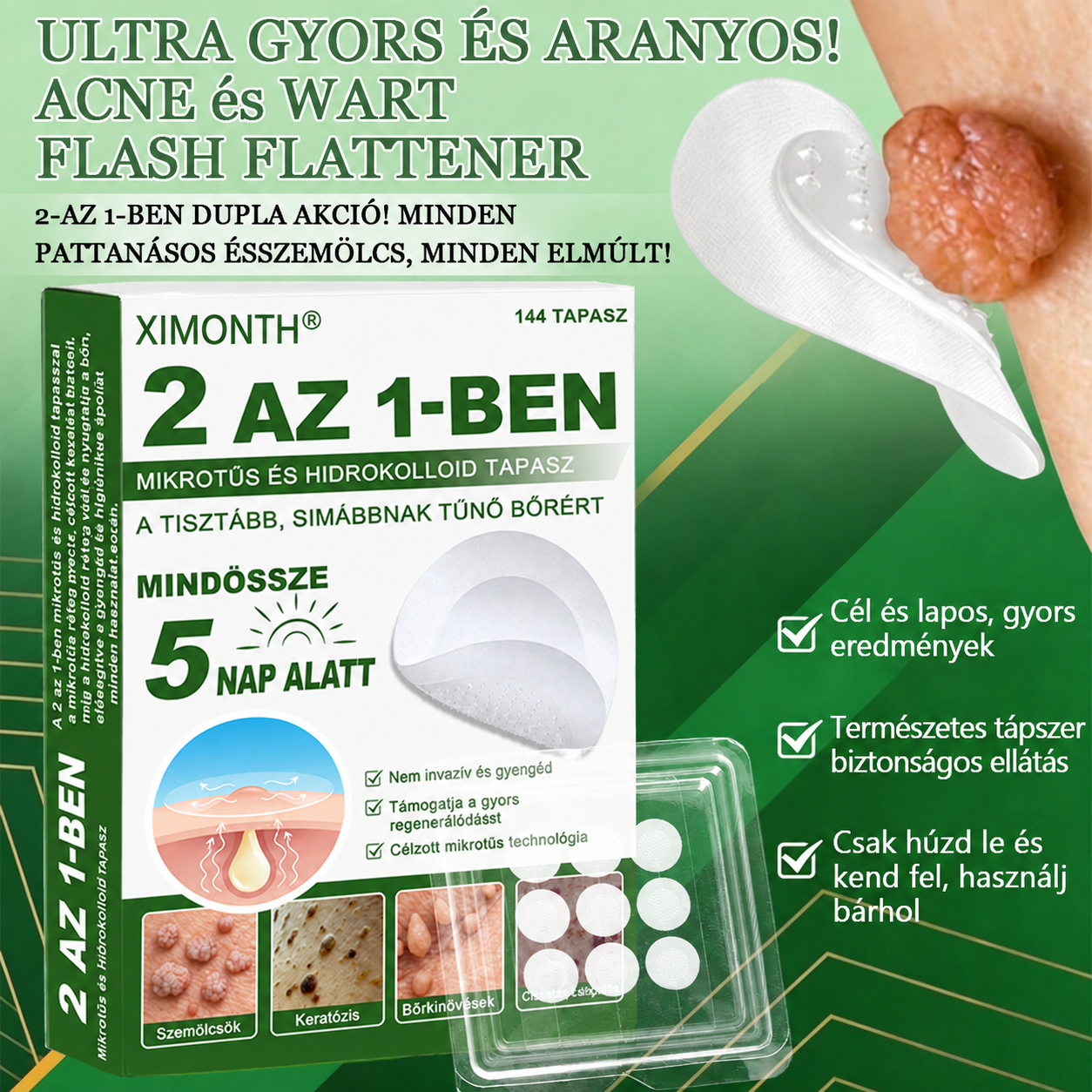👉𝐗𝐈𝐌𝐎𝐍𝐓𝐇® 𝟐-𝐚𝐳-𝟏-𝐛𝐞𝐧 𝐌𝐢𝐤𝐫𝐨𝐭ű & 𝐇𝐢𝐝𝐫𝐨𝐤𝐨𝐥𝐨𝐢𝐝 𝐓𝐚𝐩𝐚𝐬𝐳 🇭🇺|👩🧒Kiemelkedő Anyajegyek, Pattanások, Lapos Szemölcsök & Bőrkinövések Eltávolítója | Ráncok, Hegek & Bőrhibák Javítása | Láthatatlan Csillag Pattanástapasz Arcra & Testre | 144 db
