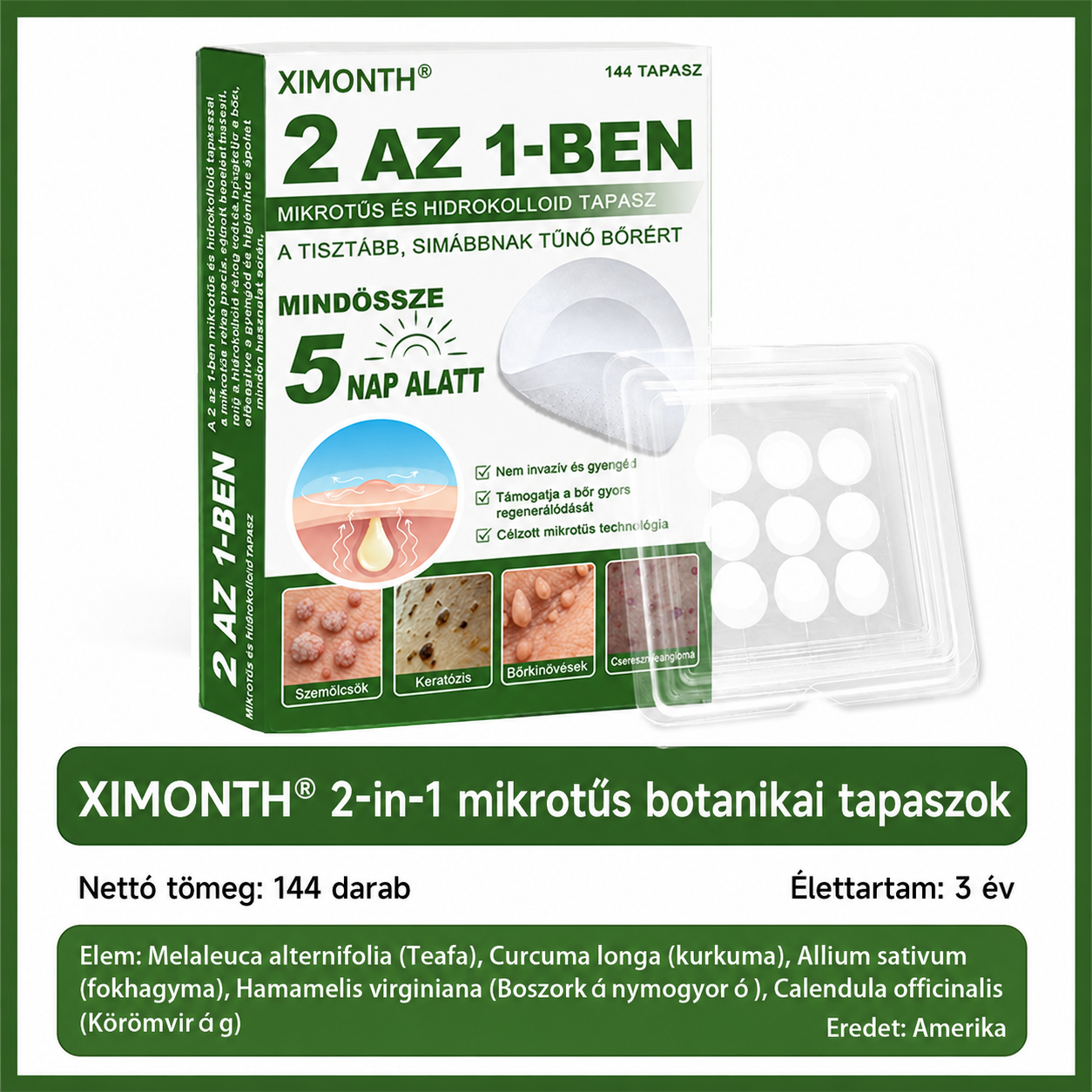 👉𝐗𝐈𝐌𝐎𝐍𝐓𝐇® 𝟐-𝐚𝐳-𝟏-𝐛𝐞𝐧 𝐌𝐢𝐤𝐫𝐨𝐭ű & 𝐇𝐢𝐝𝐫𝐨𝐤𝐨𝐥𝐨𝐢𝐝 𝐓𝐚𝐩𝐚𝐬𝐳 🇭🇺|👩🧒Kiemelkedő Anyajegyek, Pattanások, Lapos Szemölcsök & Bőrkinövések Eltávolítója | Ráncok, Hegek & Bőrhibák Javítása | Láthatatlan Csillag Pattanástapasz Arcra & Testre | 144 db